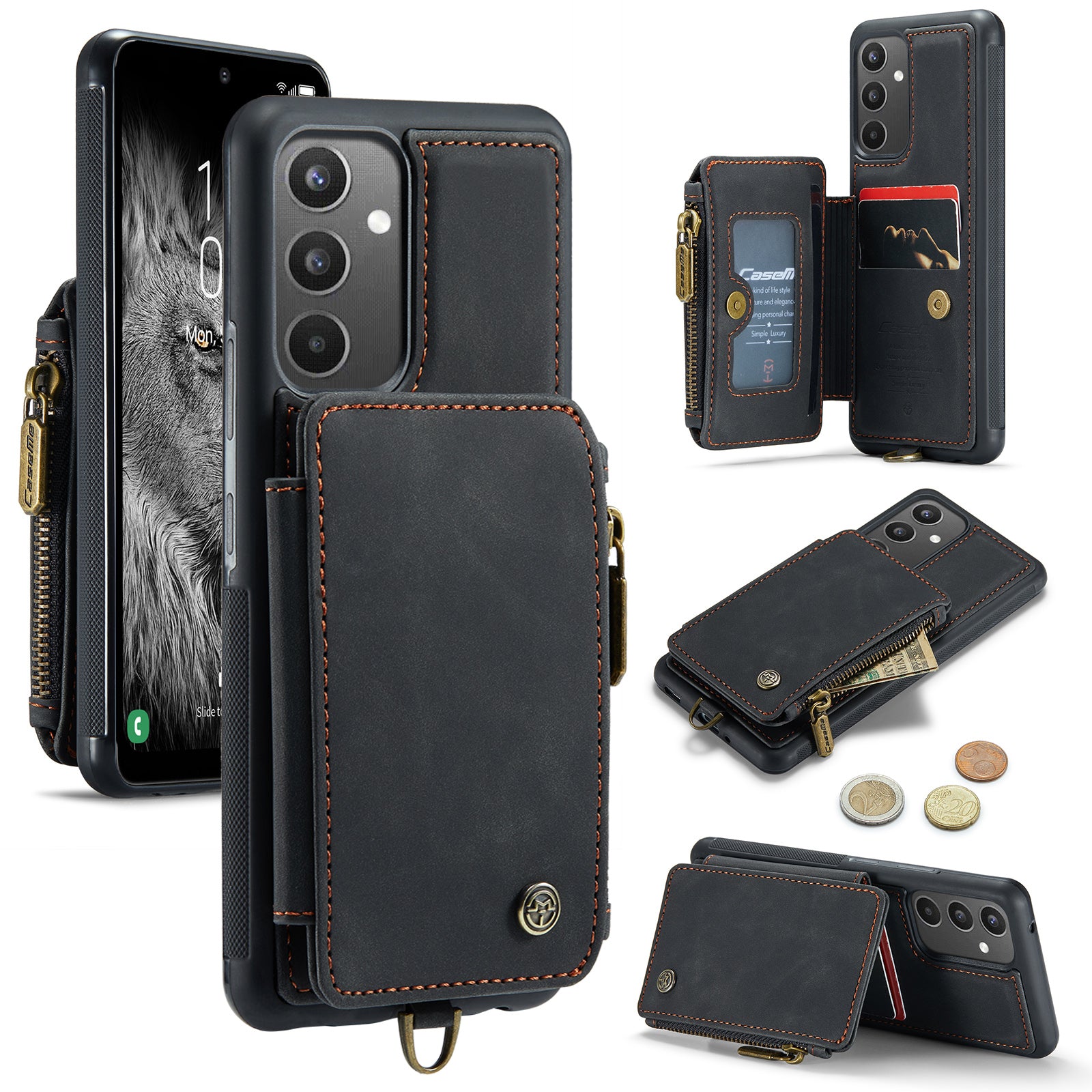 CASEME C20 Series for Samsung Galaxy A34 5G RFID Blocking Anti-fall Phone Cover Zipper Pocket Kickstand Phone Case with Strap CASEME C20 Series for Samsung Galaxy A34 5G RFID Blocking Anti-fall Phone Cover Zipper Pocket Kickstand Phone Case with Strap